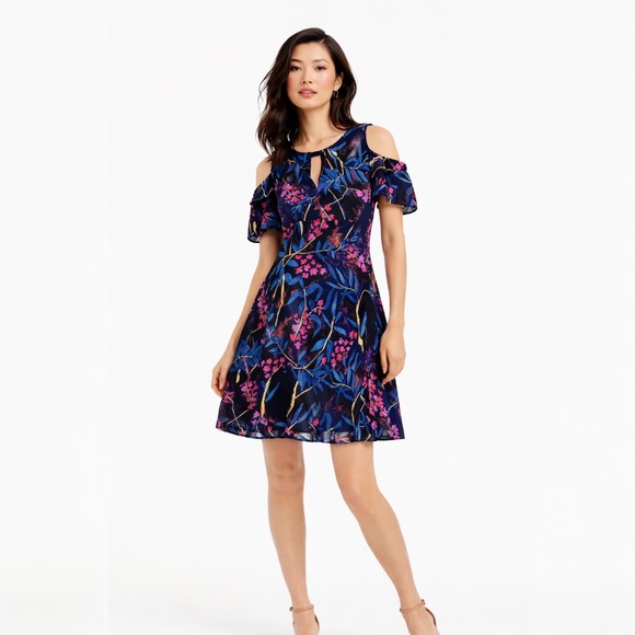 Maeve Dresses & Skirts - Maeve Anthropologie Womens Elia Cold Shoulder Dress Blue Floral 10P Tropical‎